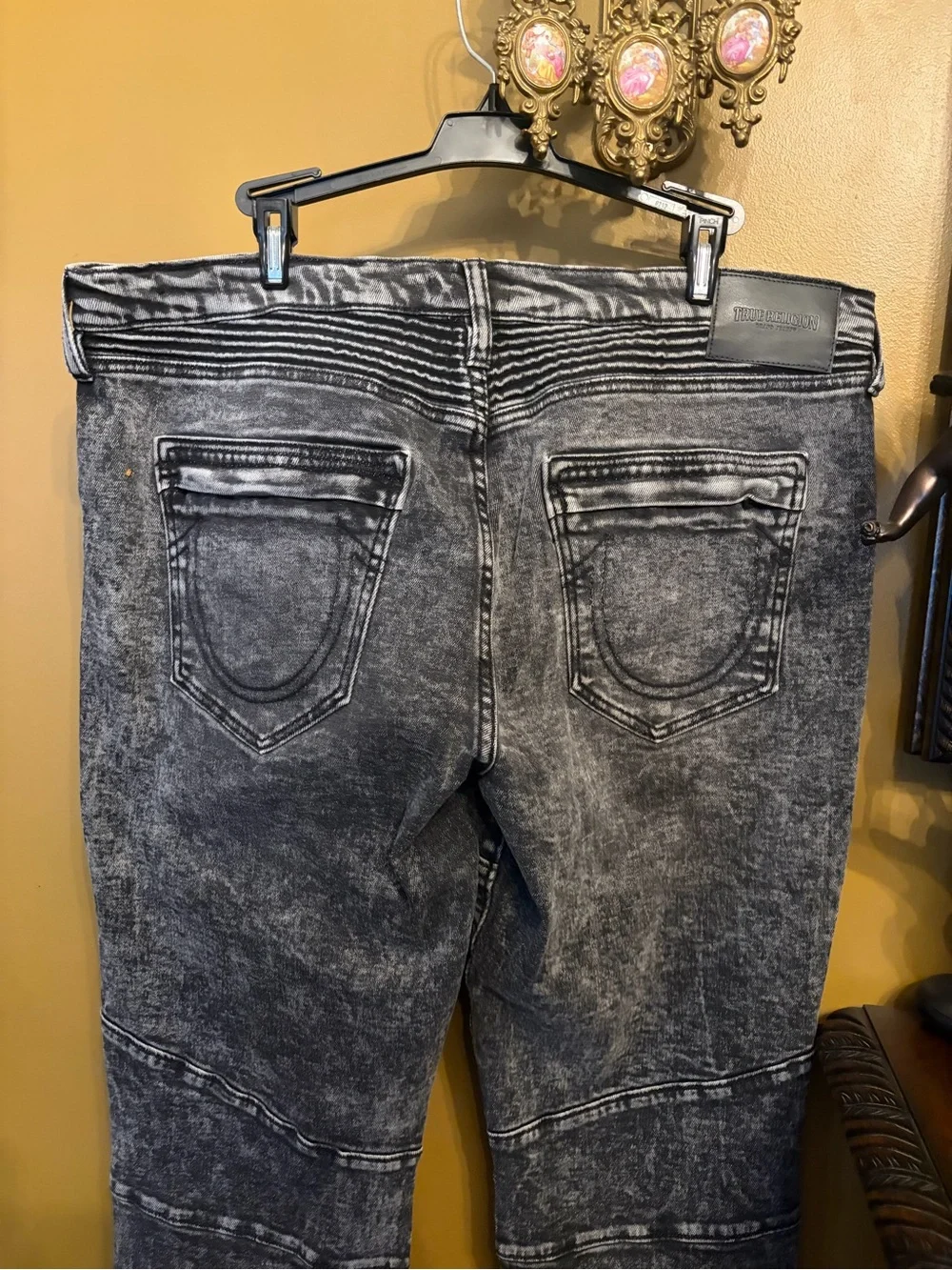 True Religion Men's Slim Straight Black Gray Acid Wash Jeans